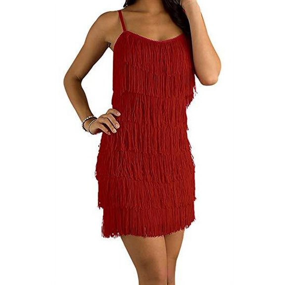Cheryl Creations Women's Short All-Over Fringe Flapper Sleeveless Comfortable Mini Dress (Red, Small)