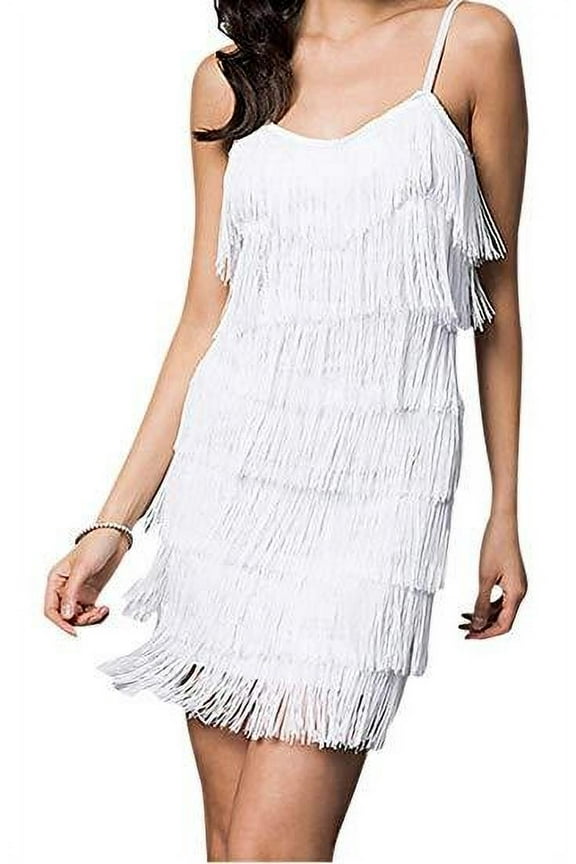 Women's Short All-Over Fringe Flapper Sleeveless Comfortable Mini Dress (White, Small)