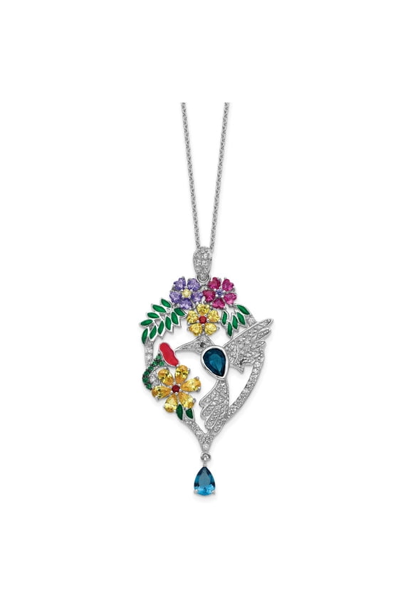 Cheryl M 925 Sterling Silver RhP Enamel CZ/Labcr.DkBlueSpinel/Glass Sim.Stones Necklace; for Adults and Teens; for Women and Men