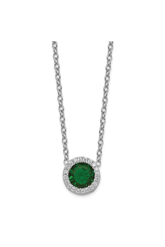 Cheryl M 925 Sterling Silver Rhod Plated Glass Sim. Emerald & CZ Pendant 18in Necklace; for Adults and Teens; for Women and Men