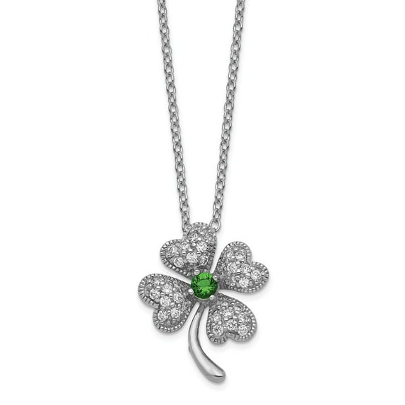 Cheryl M 925 Sterling Silver Rhod-plated Glass Sim.Emerald & CZ 4-leaf Clover 18in Necklace; for Adults and Teens; for Women and Men