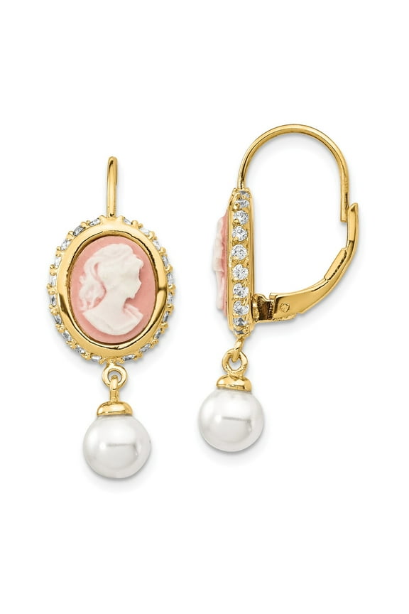 Cheryl M Leverback 925 Sterling Silver Gold-plated Sim. Pearl/Resin CZ & Cameo Earrings; for Adults and Teens; for Women and Men