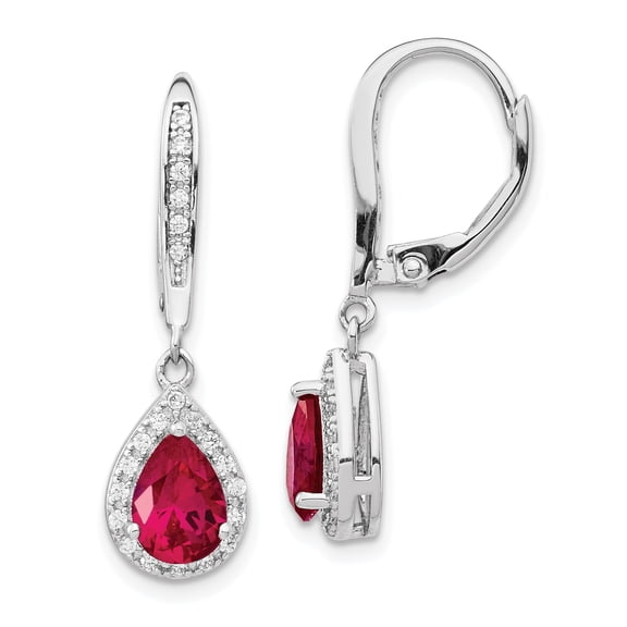 Cheryl M Sterling Silver Brilliant-cut Lab Created Ruby and Brilliant-cut White CZ Teardrop Leverback Dangle Earrings Sterling Silver Earrings