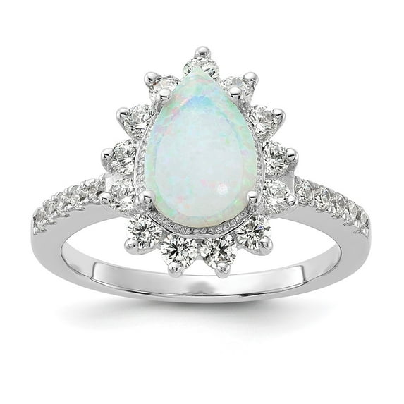 Cheryl M Sterling Silver Rhodium-plated Cabochon Lab Created Opal and Brilliant-cut CZ Teardrop Halo Ring