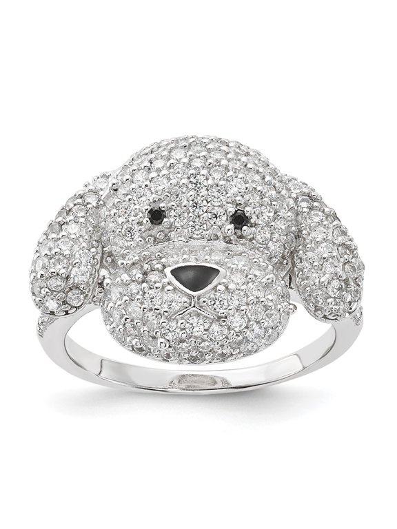 Sterling Silver Enameled Black and White CZ Puppy Ring