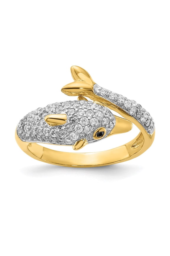 Cheryl M Sterling Silver Gold-plated Polished Pave Black and White CZ Dolphin Ring