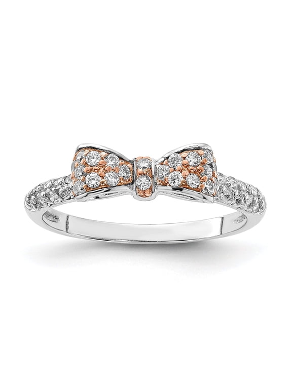 Sterling Silver Rhodium and Rose Gold-plated Polished CZ Bow Ring