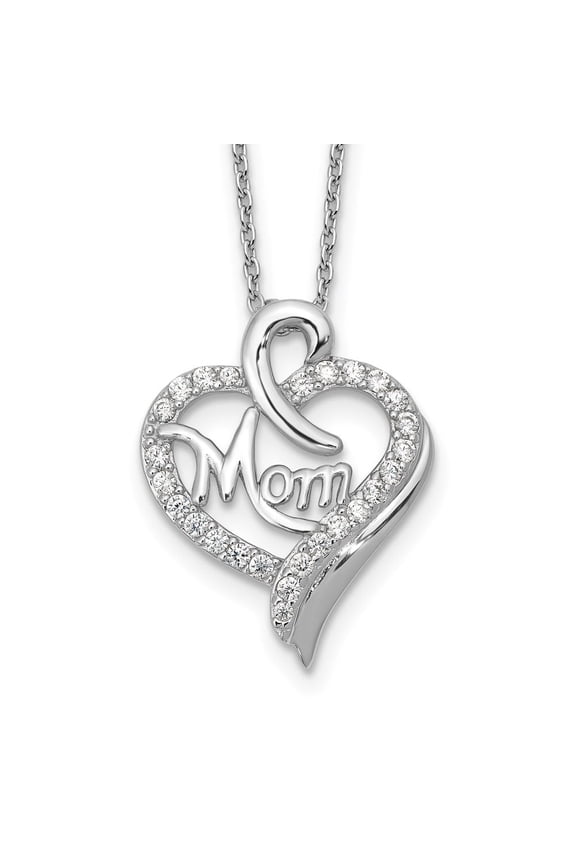 Sterling Silver Rhodium-plated Brilliant-cut CZ MOM Heart 18 Inch Necklace with 2 Inch Extender