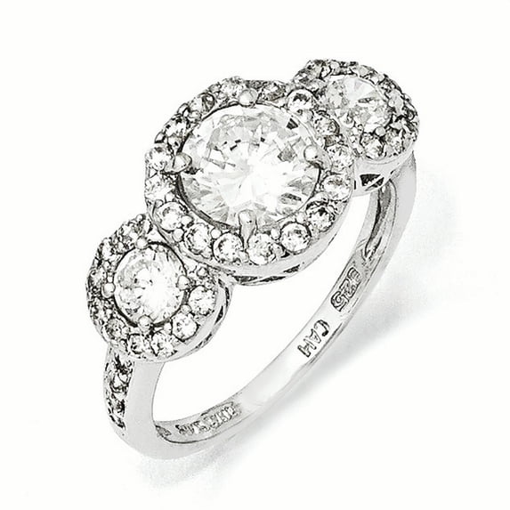 Cheryl M Sterling Silver Rhodium-plated Brilliant-cut CZ Three Stone Halo Ring