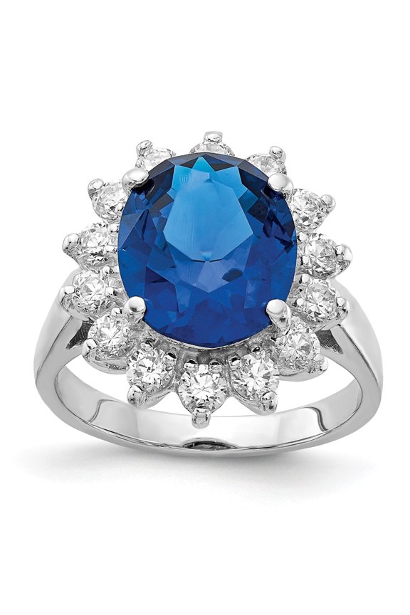 Sterling Silver Rhodium-plated Brilliant-cut Lab Created Dark Blue Spinel and Brilliant-cut White CZ Oval Halo Ring