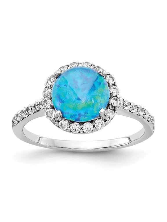 Sterling Silver Rhodium-plated Cabochon Lab Created Blue Opal and Brilliant Cut CZ Halo with Side Stones Ring