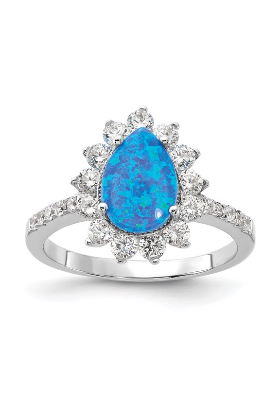 Cheryl M Sterling Silver Rhodium-plated Cabochon Lab Created Blue Opal and Brilliant-cut CZ Teardrop Shaped Ring