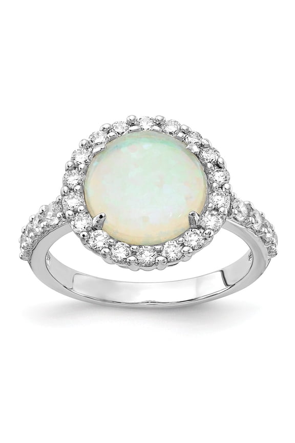 Sterling Silver Rhodium-plated Cabochon Lab Created Opal and Brilliant-cut CZ Halo Ring