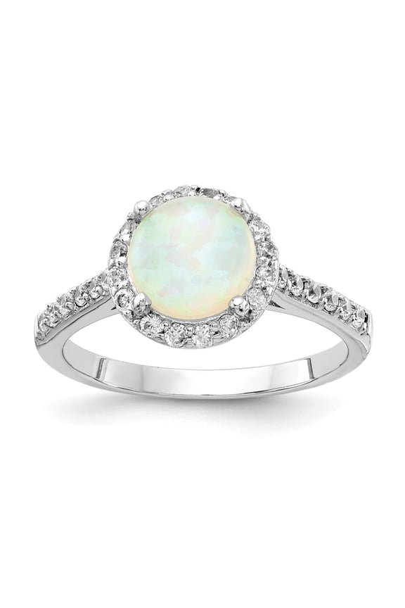 Sterling Silver Rhodium-plated Cabochon Lab Created Opal and Brilliant-cut CZ Halo Ring