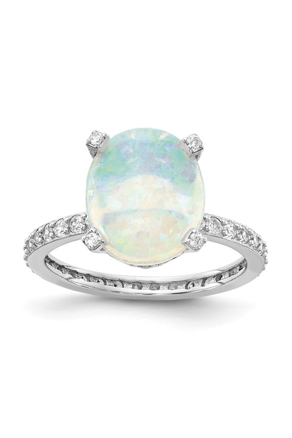 Sterling Silver Rhodium-plated Cabochon Lab Created Opal and Brilliant-cut CZ Oval with Side Stones Ring