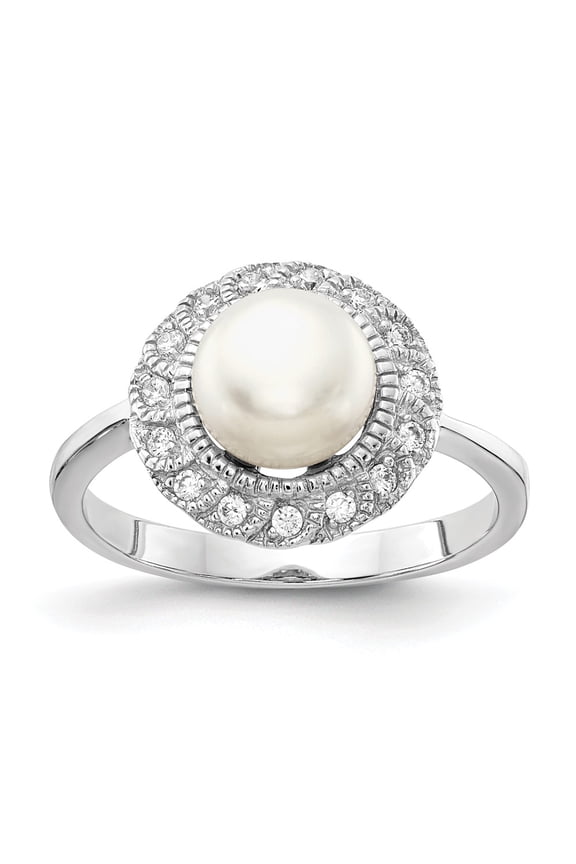Sterling Silver Rhodium-plated Freshwater Cultured Pearl and Brilliant-cut CZ Ring