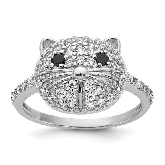Cheryl M Sterling Silver Rhodium-plated Polished Black and White CZ Cat Ring