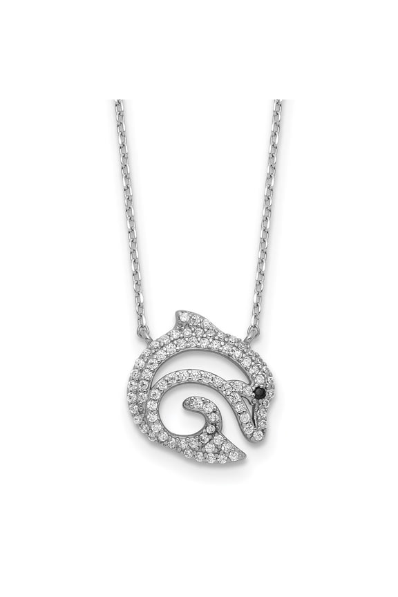 Cheryl M Sterling Silver Rhodium-plated Polished Black and White CZ Dolphin Necklace