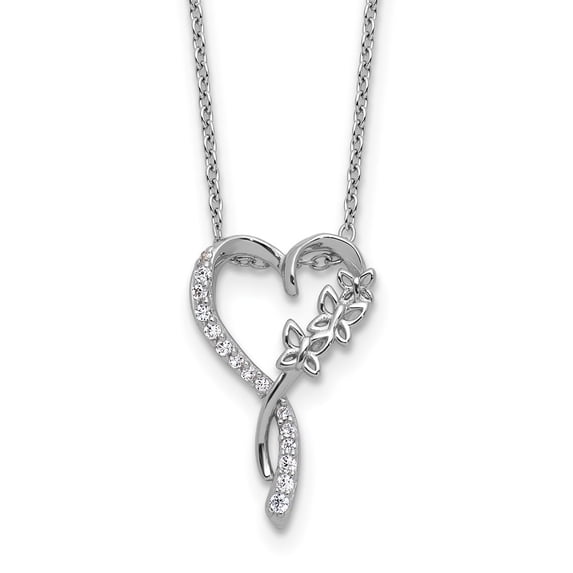 Cheryl M Sterling Silver Rhodium-plated Polished CZ Butterflies Heart with 2 Inch Extension Necklace 18 Inches