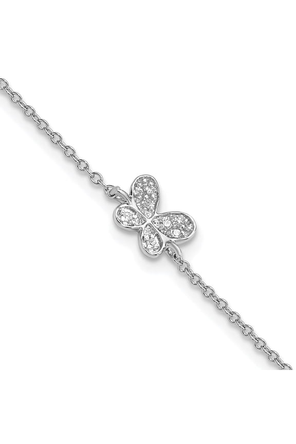 Sterling Silver Rhodium-plated Polished CZ Butterfly 9.5 Inch with 1 Inch Extension Anklet