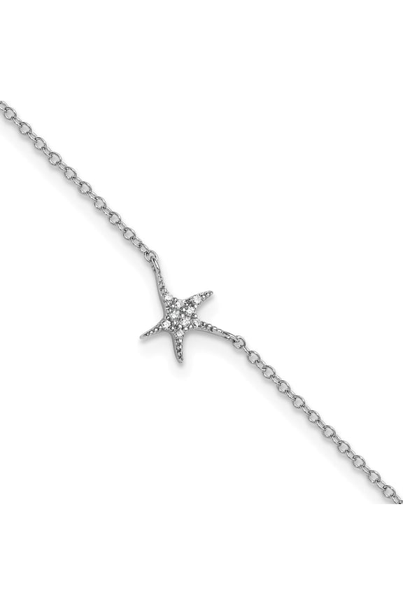 Sterling Silver Rhodium-plated Polished CZ Starfish 9.5 Inch with 1 Inch Extension Anklet