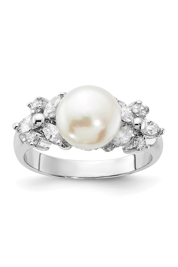 Sterling Silver Rhodium-plated Polished CZ and Freshwater Cultured Pearl Ring