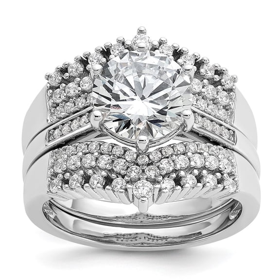 Cheryl M Sterling Silver Rhodium-plated Polished Fancy CZ with Two 3-Row Bands Ring Set