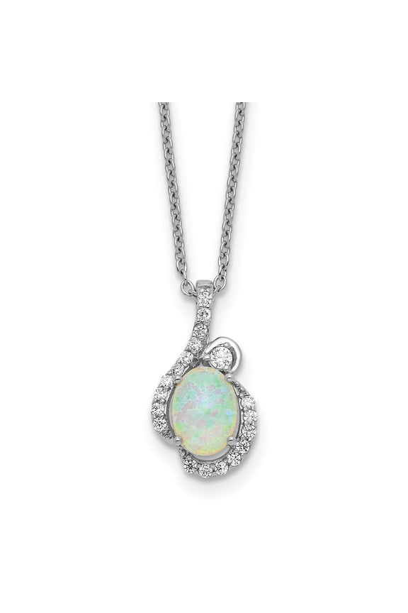 Cheryl M Sterling Silver Rhodium-plated Polished Lab Created Opal and CZ 16 Inch with 2 Inch Extension Necklace