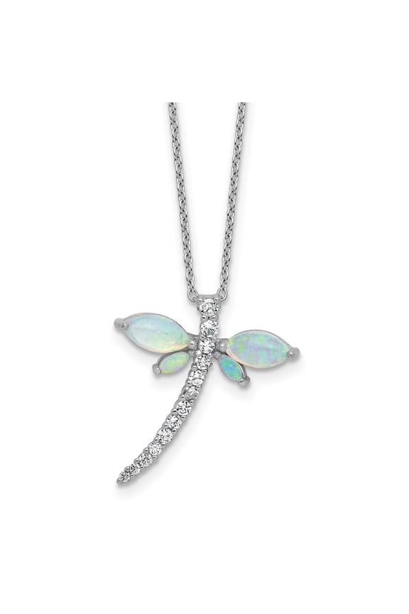 Cheryl M Sterling Silver Rhodium-plated Polished Lab Created Opal and CZ Dragonfly with 2 Inch Extension Necklace 18 Inches