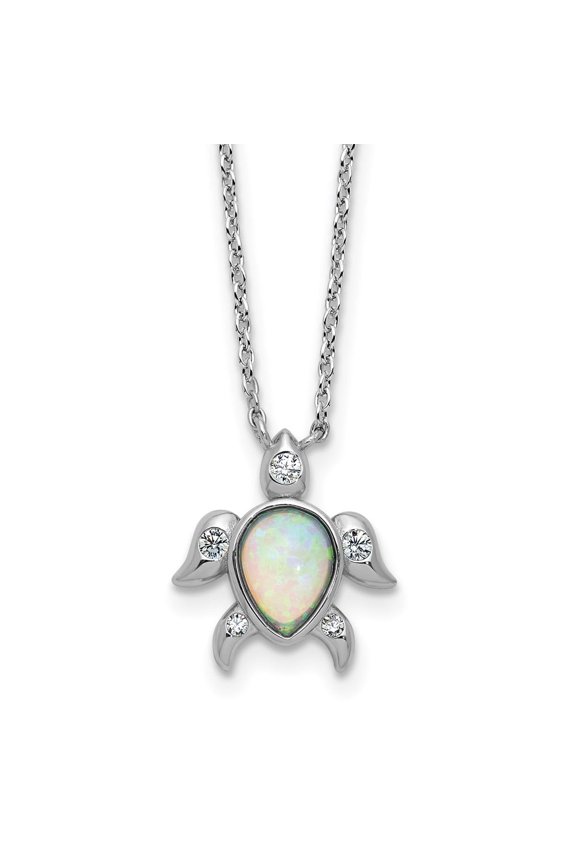 Sterling Silver Rhodium-plated Polished Lab Created Opal and CZ Turtle Necklace