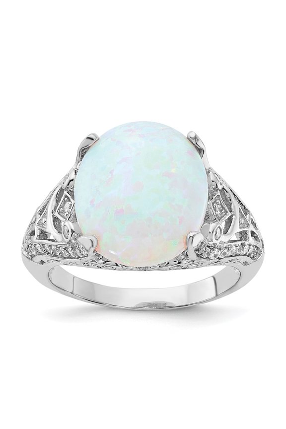 Cheryl M Sterling Silver Rhodium-plated Polished Oval Lab Created Opal and CZ Ring