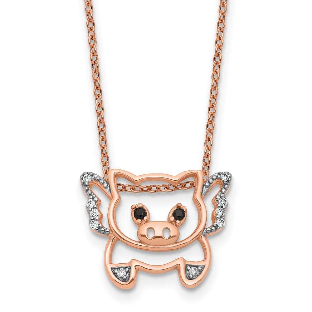 Flying Pink Pig Necklace with Cubic Zirconia 14k Rose Gold-plated on Sterling Silver Flying Pink Pig Necklace with Cubic Zirconia 14k Rose Gold-plated on Sterling Silver