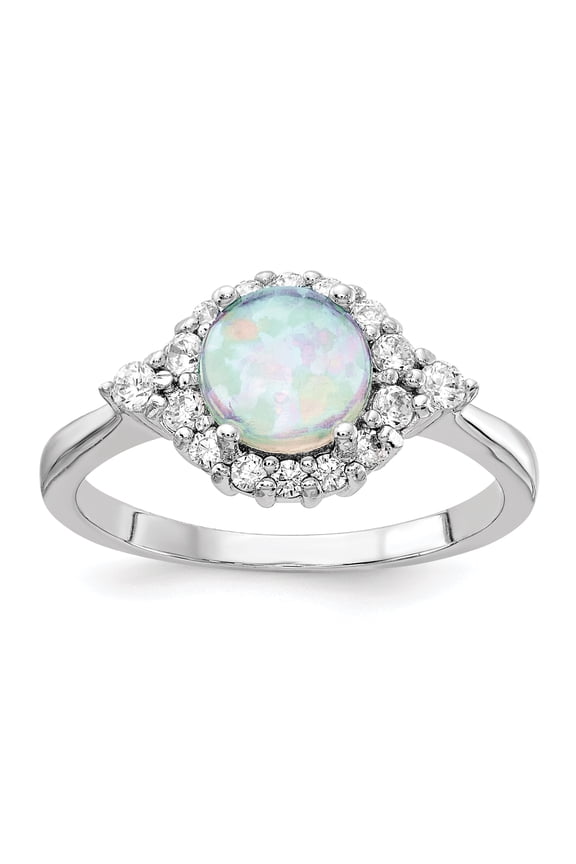 Cheryl M Sterling Silver Rhodium-plated Cabochon Lab Created Opal and Brilliant-cut CZ Ring