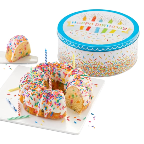 Cheryl's Cookies 7" Confetti Birthday Cake in Gift Tin, Vanilla Cake with Glaze & Sprinkles Includes 24 Candles, Kosher, For Birthdays, Friends, Family, Loved Ones, 12 Servings