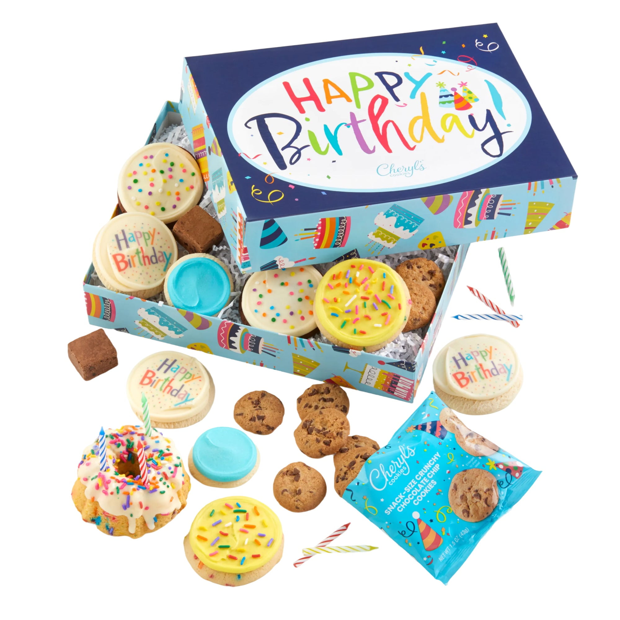 Cheryl's Cookies® Birthday Gift Box, with 16 Chocolate Chip, Buttercream-Frosted Sugar Cookies, Brownies, and Cake, Individually Wrapped, Birthday Gift for Loved Ones, Family, Friends, Coworkers