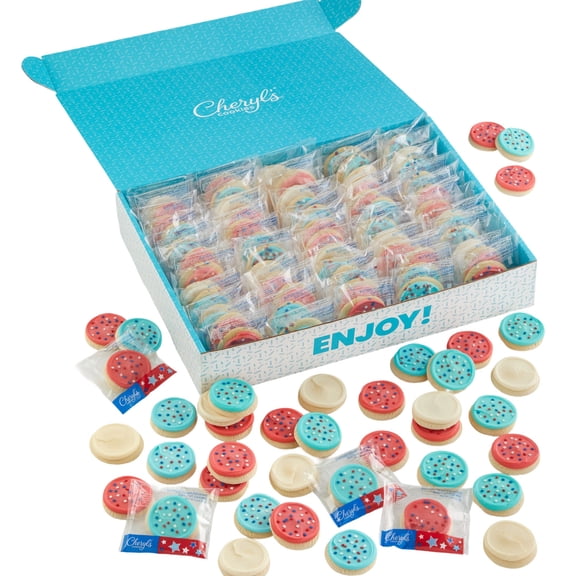 Cheryl's Cookies Cookie Gift Baskets, Patriotic Gift Box w/ 100 Buttercream Frosted Individually Wrapped Sugar Cookies, Red White & Blue,Fresh Delivery, Party Favor for 4th of July, Memorial Day