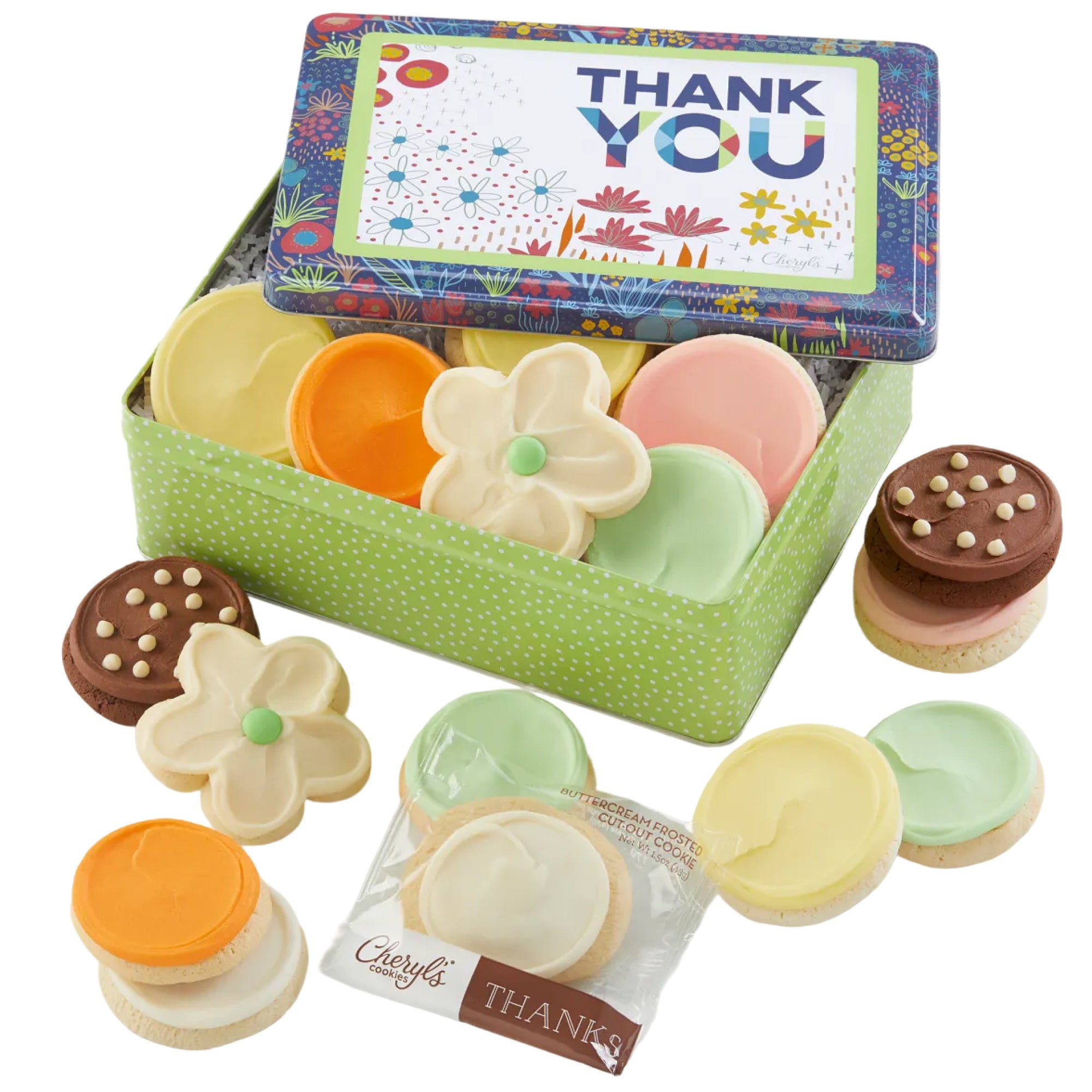 Cheryl's Cookies® Thank You Cookie Gift Tin, Appreciation Cookie Gift Box, with 16 Buttercream-Frosted Sugar Cookies and Devil's Food Cake Cookies, Individually Wrapped, Gift for Family, Friends,