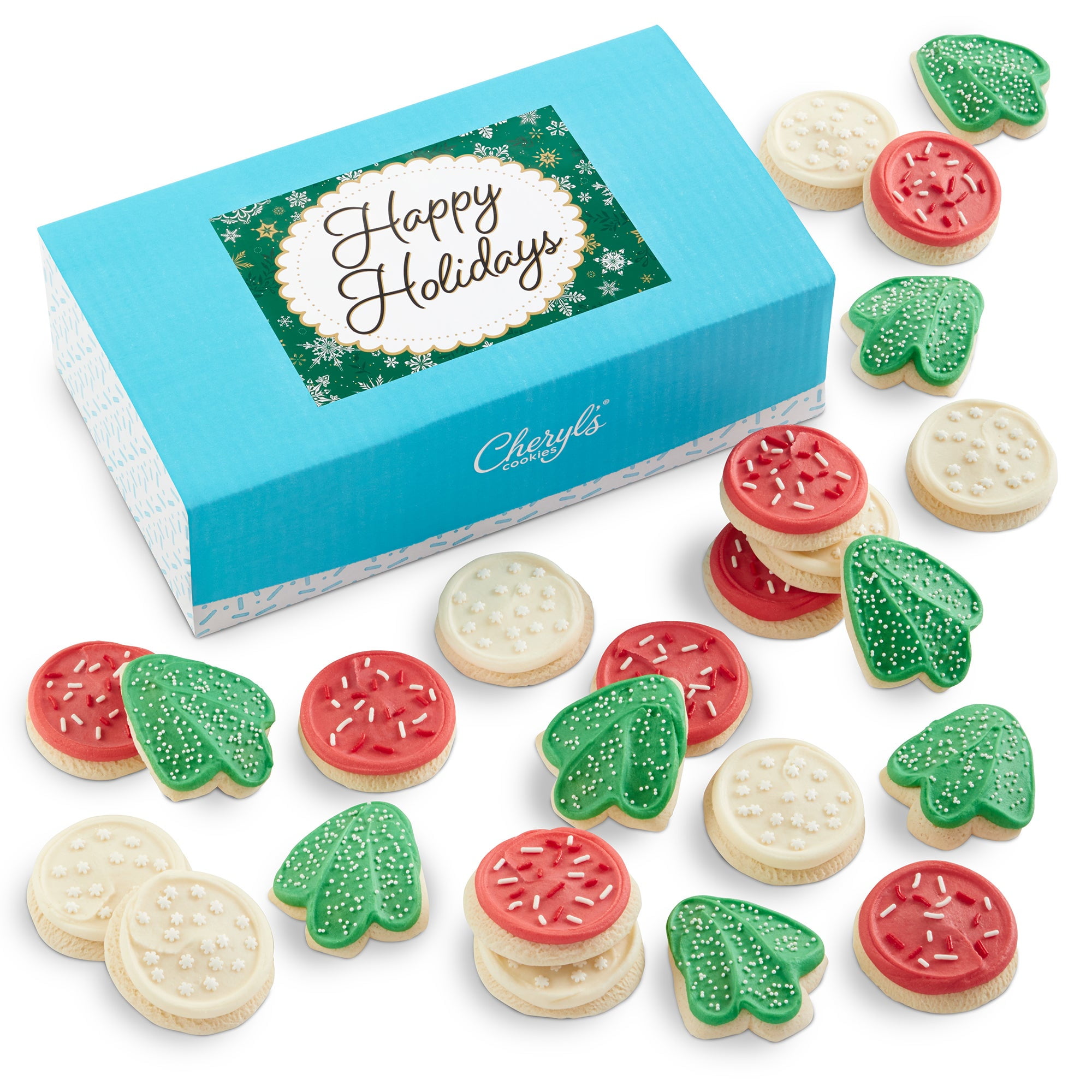 Cheryl's Cookies Bow Gift Box with Happy Holidays Sticker 24 Holiday Buttercream-Frosted Cutout Cookies, Individually Wrapped, Gourmet, & Fresh Delivery Christmas Cookies, Holiday Gift for