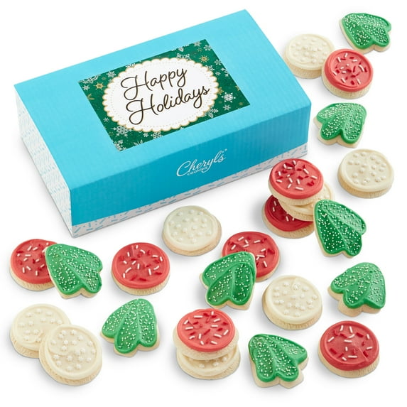 Cheryl's Cookies® Bow Gift Box with Happy Holidays Sticker – 24 Holiday Buttercream-Frosted Cutout Cookies, Individually Wrapped, Gourmet, & Fresh Delivery – Christmas Cookies, Holiday Gift for