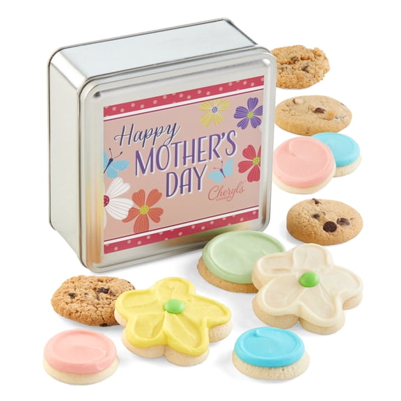 Cheryl's Cookies Mother's Day Floral Gift Tin, with 11 Buttercream Frosted Sugar, Chocolate Chip, and Oatmeal Raisin Cookies, Individually Wrapped, Gift for Mom, Grandma, Loved Ones, Family,