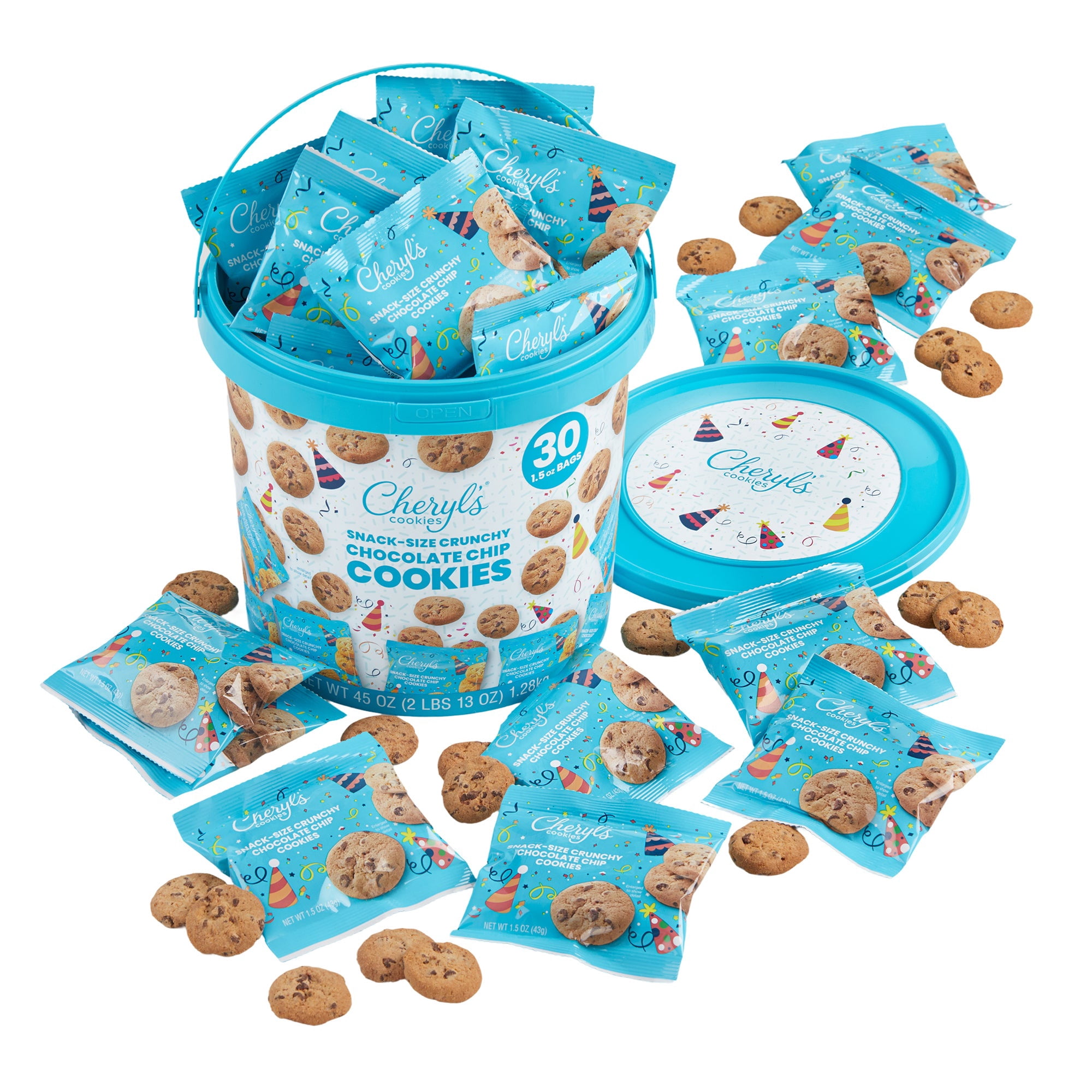 Cheryl's Cookies® Party Crunchy Chocolate Chip Cookie Pail, with 30 Pack of Individually Wrapped Chocolate Chip Cookies, Gift for Any Occasion, Family, Friends, Coworkers