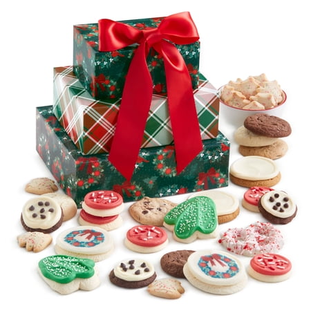 Cheryl's Cookies Traditional Holiday Cookie Gift Tower, 36 Count Assorted Buttercream Frosted Cookies, Gingerbread, Sugar, Tree Cutout, Peppermint Pretzel, and Holiday Shortbreads, Christmas Gift