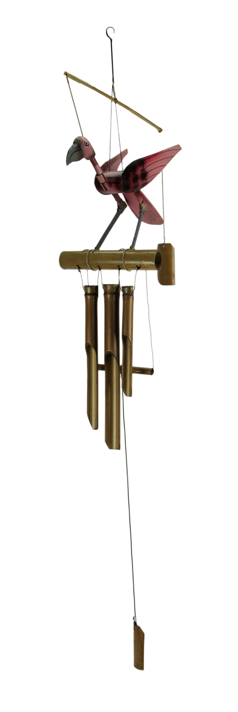 Hand-Carved Pink Flamingo Bamboo Wind Chime with Bobbing Head