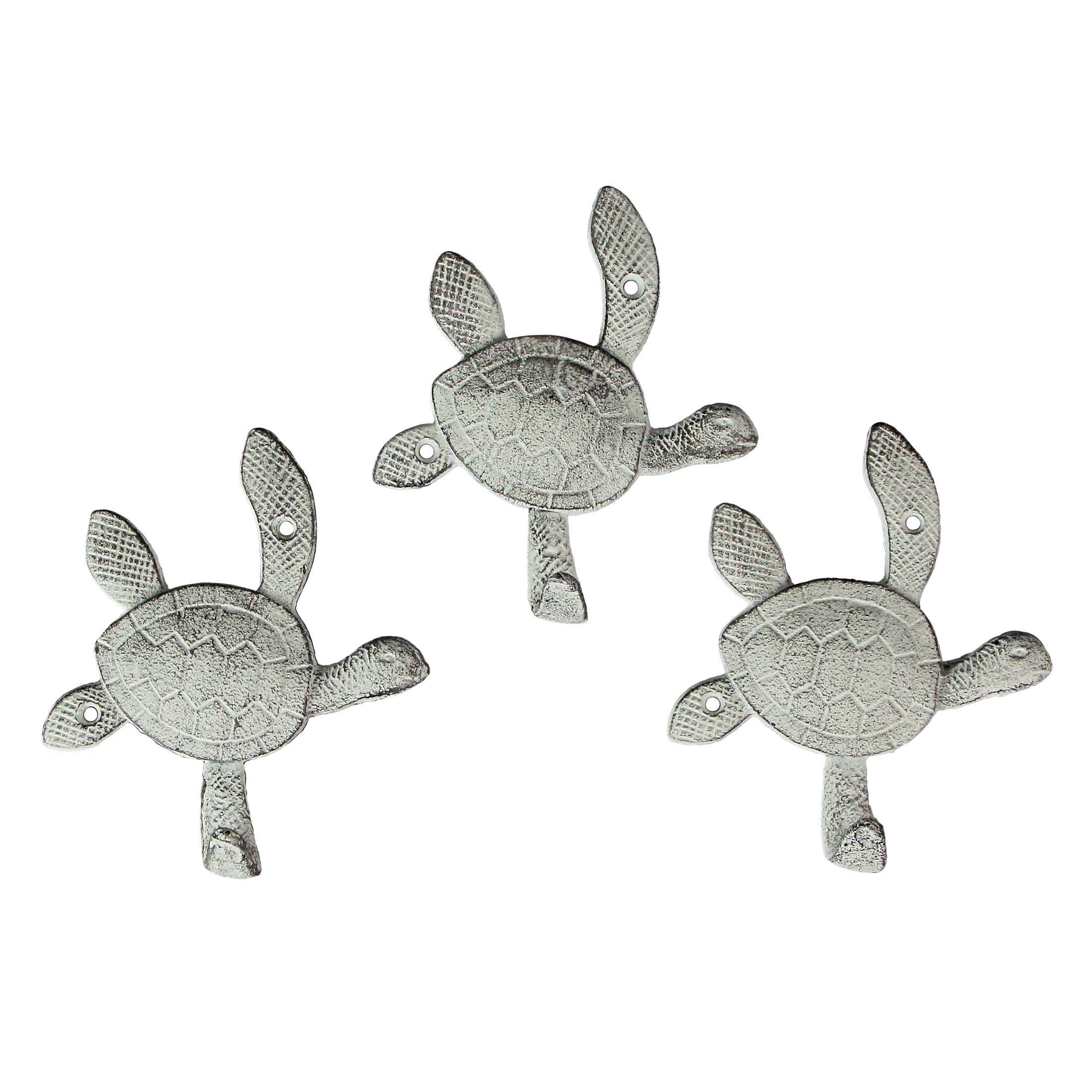 Antique White Cast Iron Sea Turtle Wall Hook Set of 3