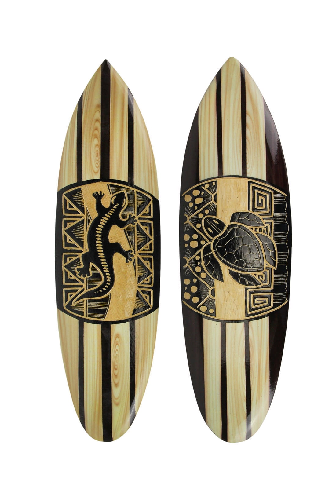 Hand Carved Wood Surfboards with Turtle and Lizard Art, Set of 2