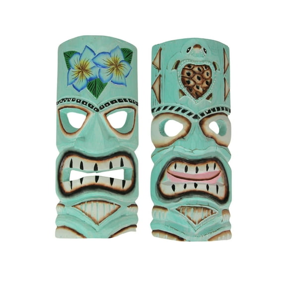 Chesapeake Bay Ltd. Aqua Blue Tiki Wall Masks Flower & Sea Turtle Design, 12"x5"x2" Tropical Decor