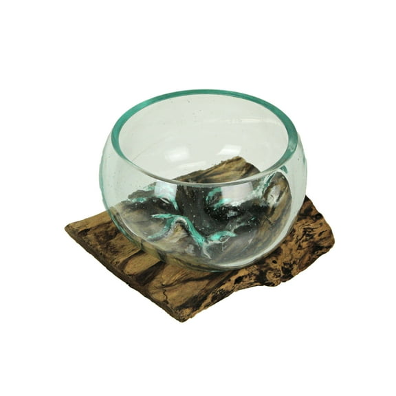 Chesapeake Bay Ltd. Medium Wide Molten Glass on Teak Driftwood Sculptural Vase and Bowl