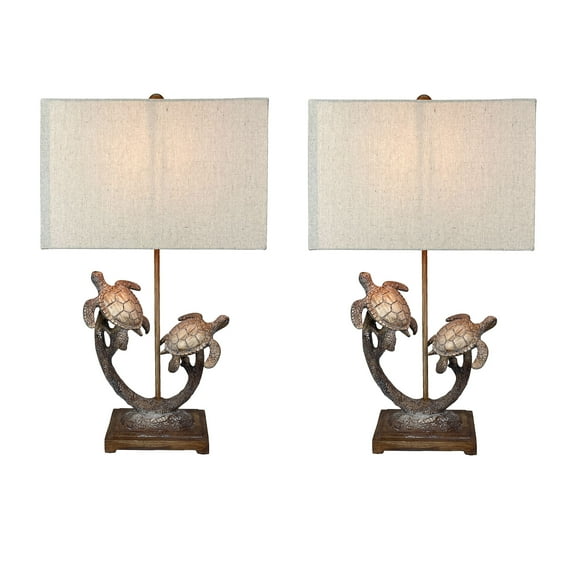 Chesapeake Bay Ltd. Set of 2 Double Sea Turtle Table Lamps Coastal Nautical Resin 27.75" w/Shades