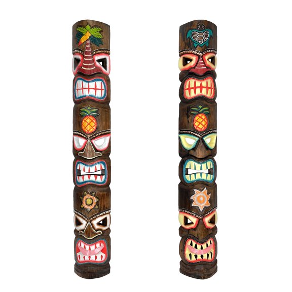 Chesapeake Bay Ltd. Set of 2 Triple-Faced Tiki Wall Sculptures Palm Tree, Sun & Sea Turtle Designs