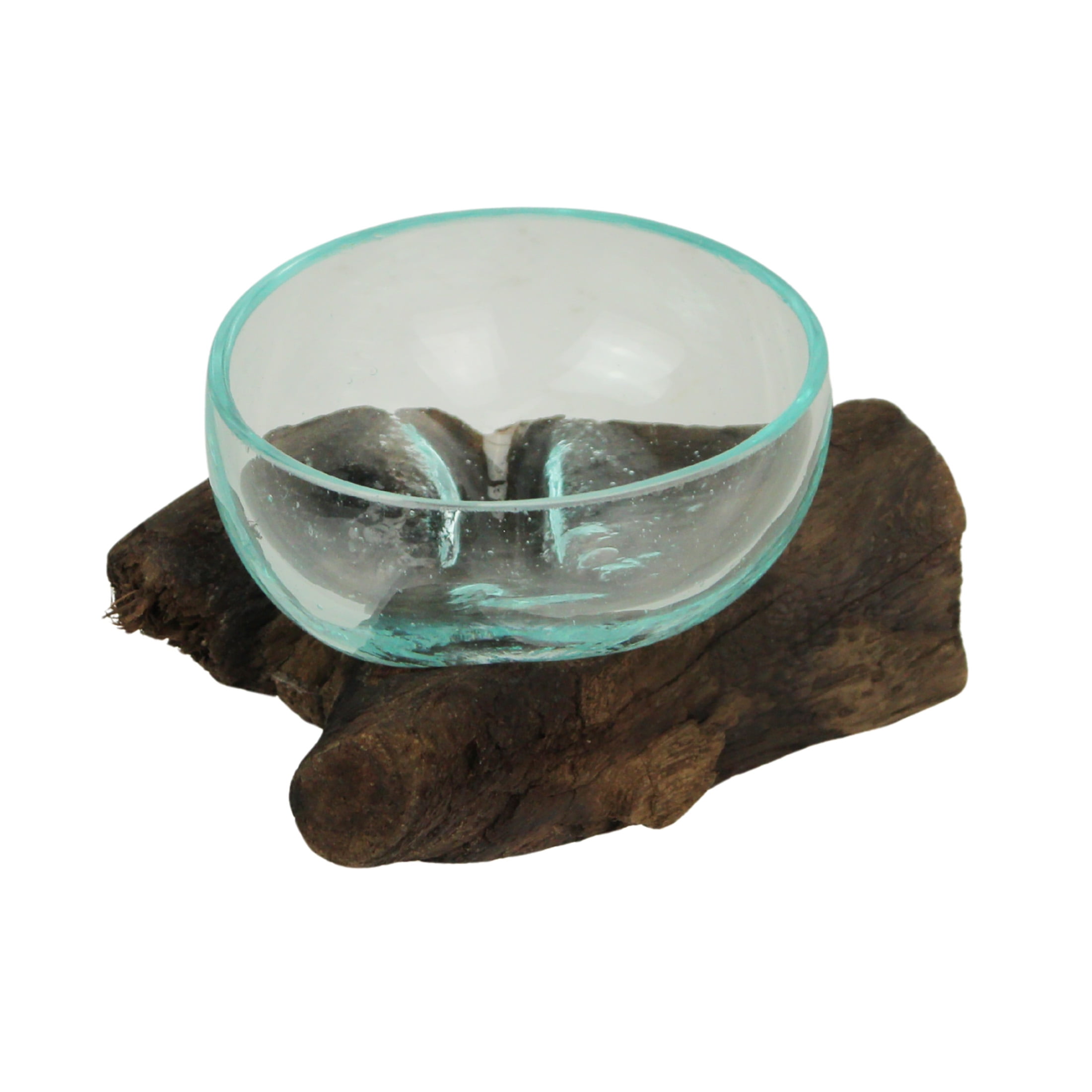 Handcrafted Round Clear Glass and Teak Driftwood Sculptural Bowl